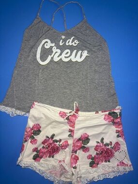Gray "I Do Crew" Camisole & Floral Lace Shorts Set Medium